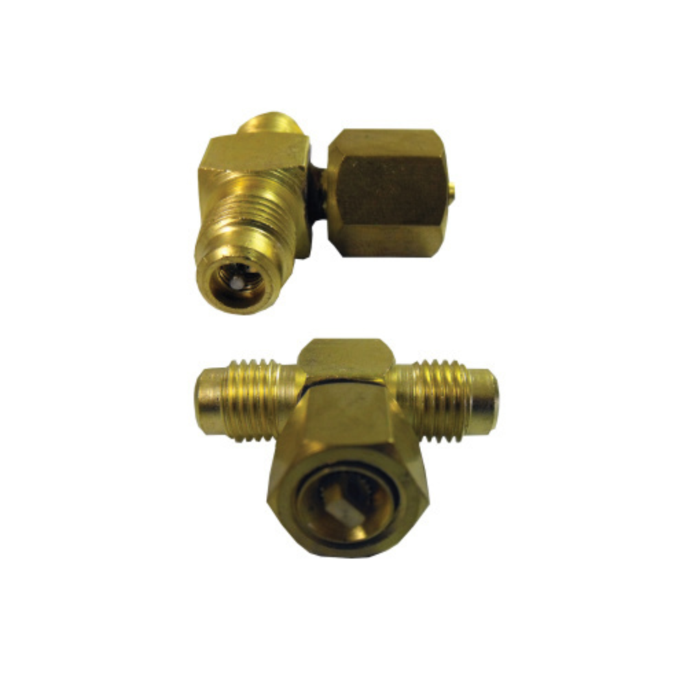 SF9603 TEE BRASS, 1/4" MALE FLARE X 1/4" MALE FLARE X FEMALE FLARE ON BRANCH