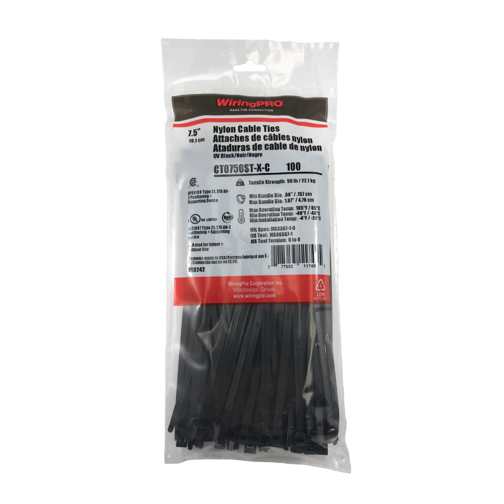 7.5" 50 LB CABLE TIE - BLACK 100/PKG 