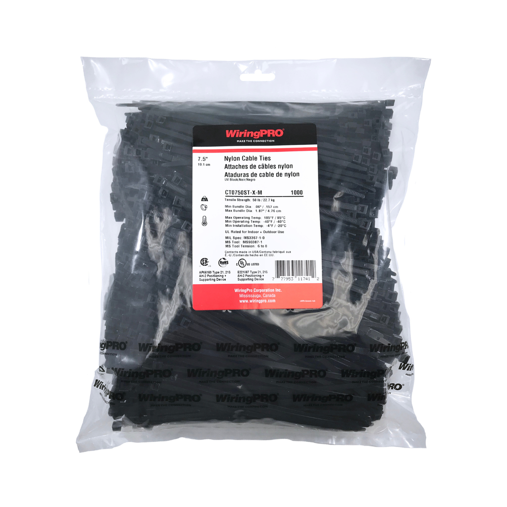 7.5" 50 LB CABLE TIE - BLACK 1000/PKG